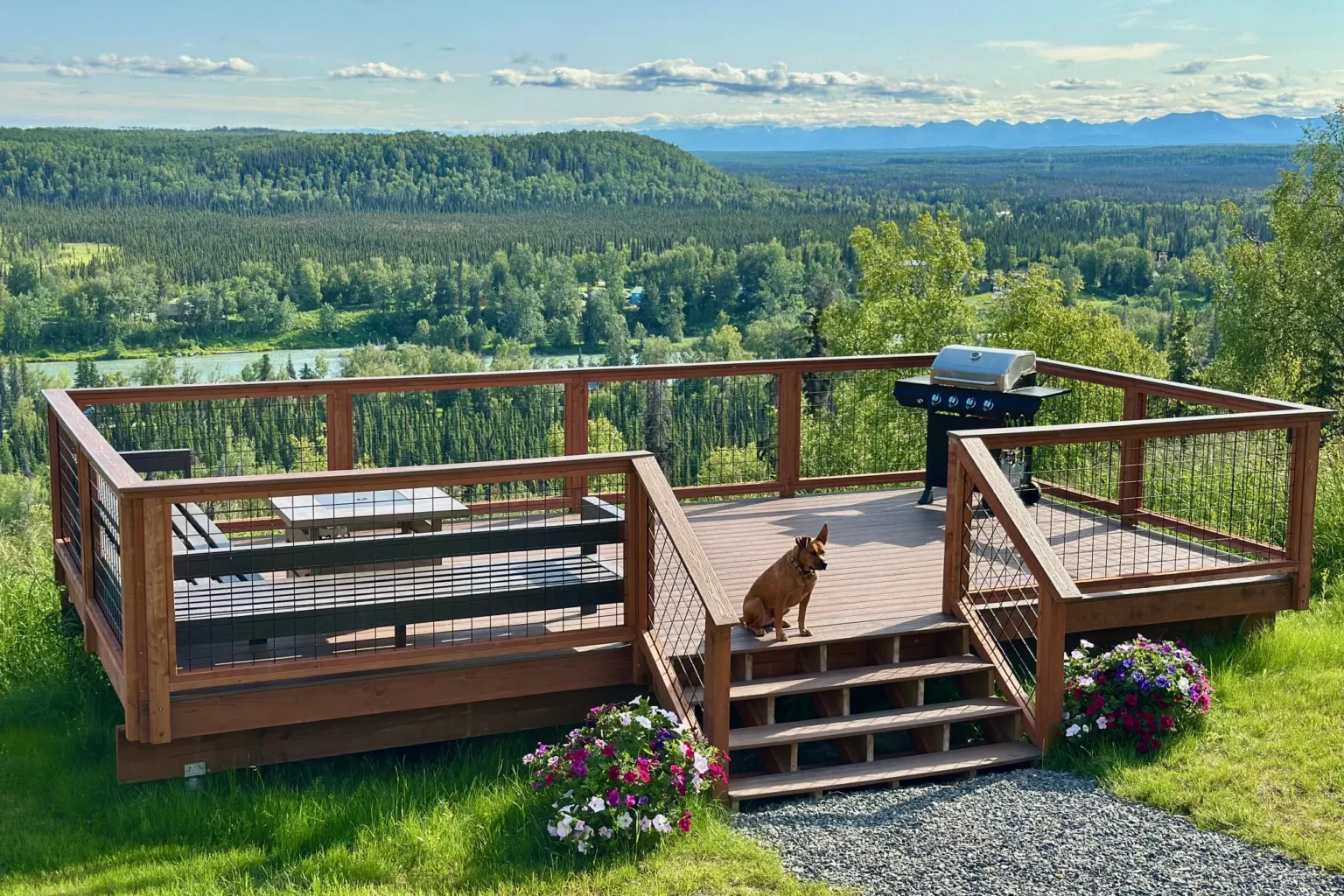 Wildflower Ridge viewing platform with BBQ grill and panoramic Kenai River view